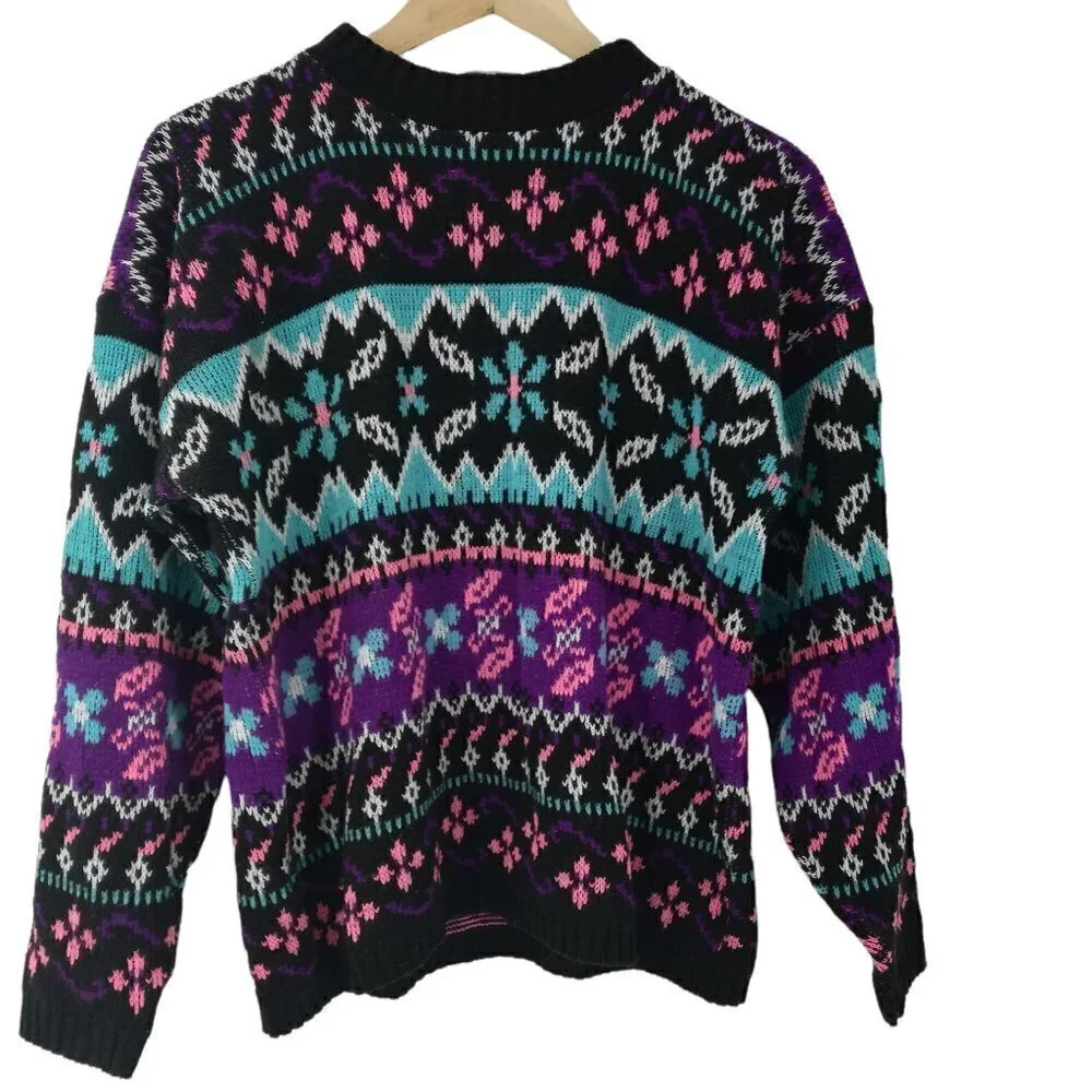 Vintage Stefano Geometric Pullover Sweater Size XL Girls Crew Neck Preppy Flower